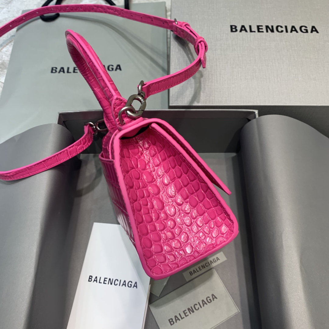 Balenciaga Hourglass XS Handbag Crocodile Embossed Shoulder Bag Rose Red